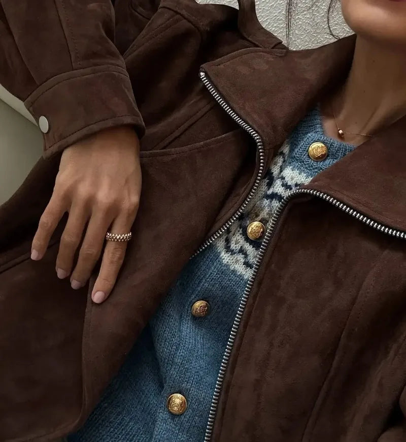 European and American Brown Lapel Irregular Short Loose Jacket Retro Maillard Fashion Casual Top