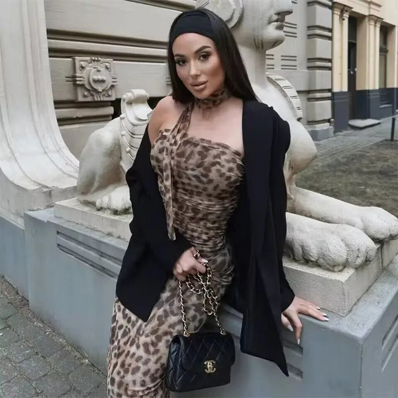 MUJER Leopard Print Tulle Crop Top Woman Ruched Off Shoulder Bandeau Top Women Sleeveless Backless Tube Top Summer Sexy Tops