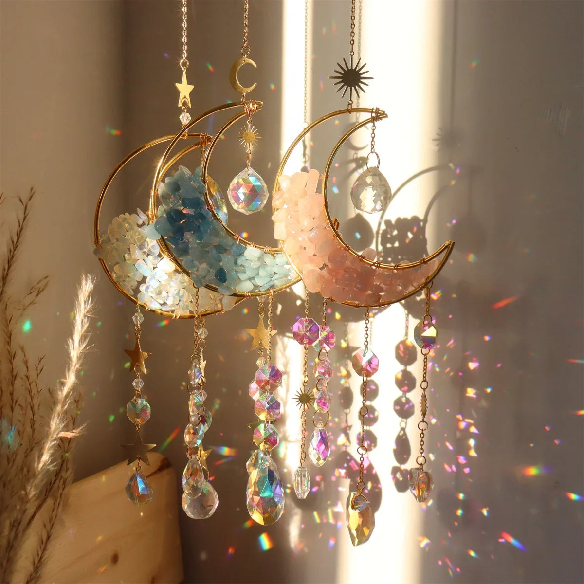 Hourglass Moon Purple Blue Green Pink Crystal Sun Catcher Pendant Decoration, Half Moon Window Hanging Pendant - Home and Garden