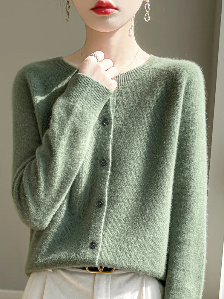 Women 100% Merino Wool Cardigan Soft O-Neck Cashmere Sweater OL Buttoned Knitwear Casual Top Clothing Korean Style
