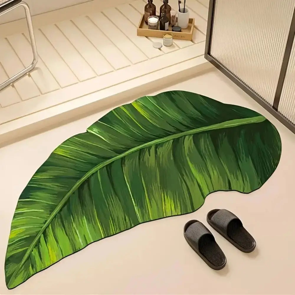 VIKAMA Bath Mat Non Slip Quick Dry Absorbent Green Shower Rug for Bathroom Floor Washable Rubber Mat with Leaf and Thin Design