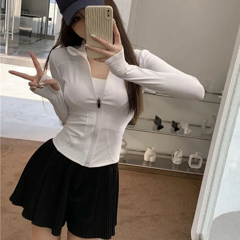 2026 Summer Slim Fit Long Sleeve T Shirt Women Wild Zipper Up Waist Slimming Yoga Tshirt Woman Tight UV Protection Crop Tops