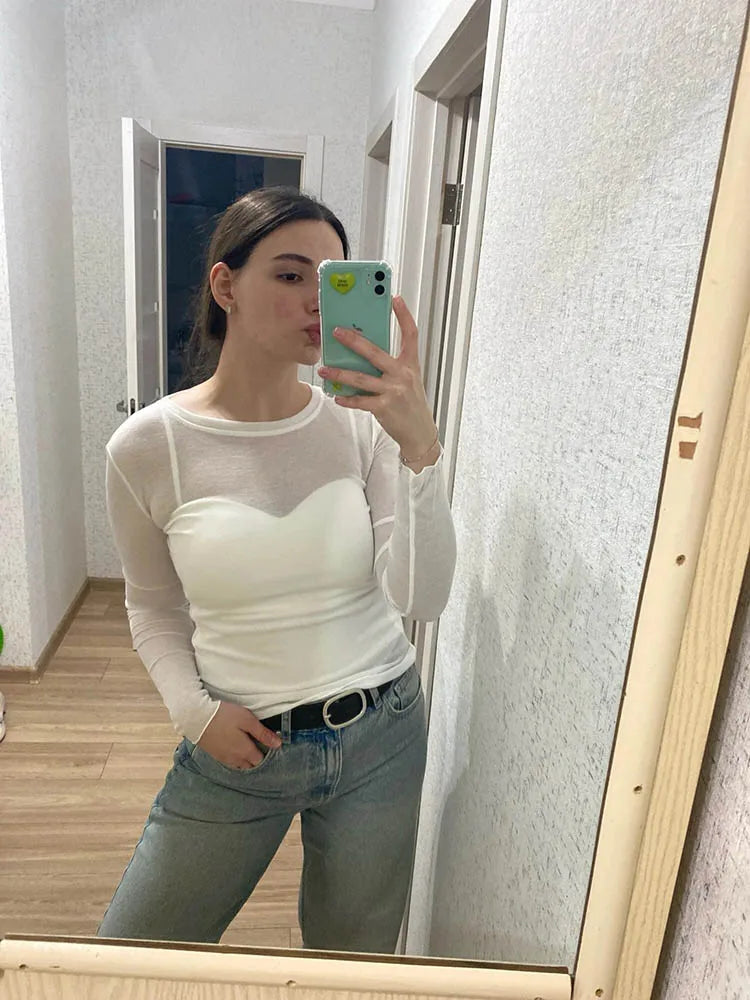 High Quality Plain T Shirt Women Cotton Elastic Basic T-shirts Female Casual Tops Long Sleeve Sexy Thin T-shirt see through