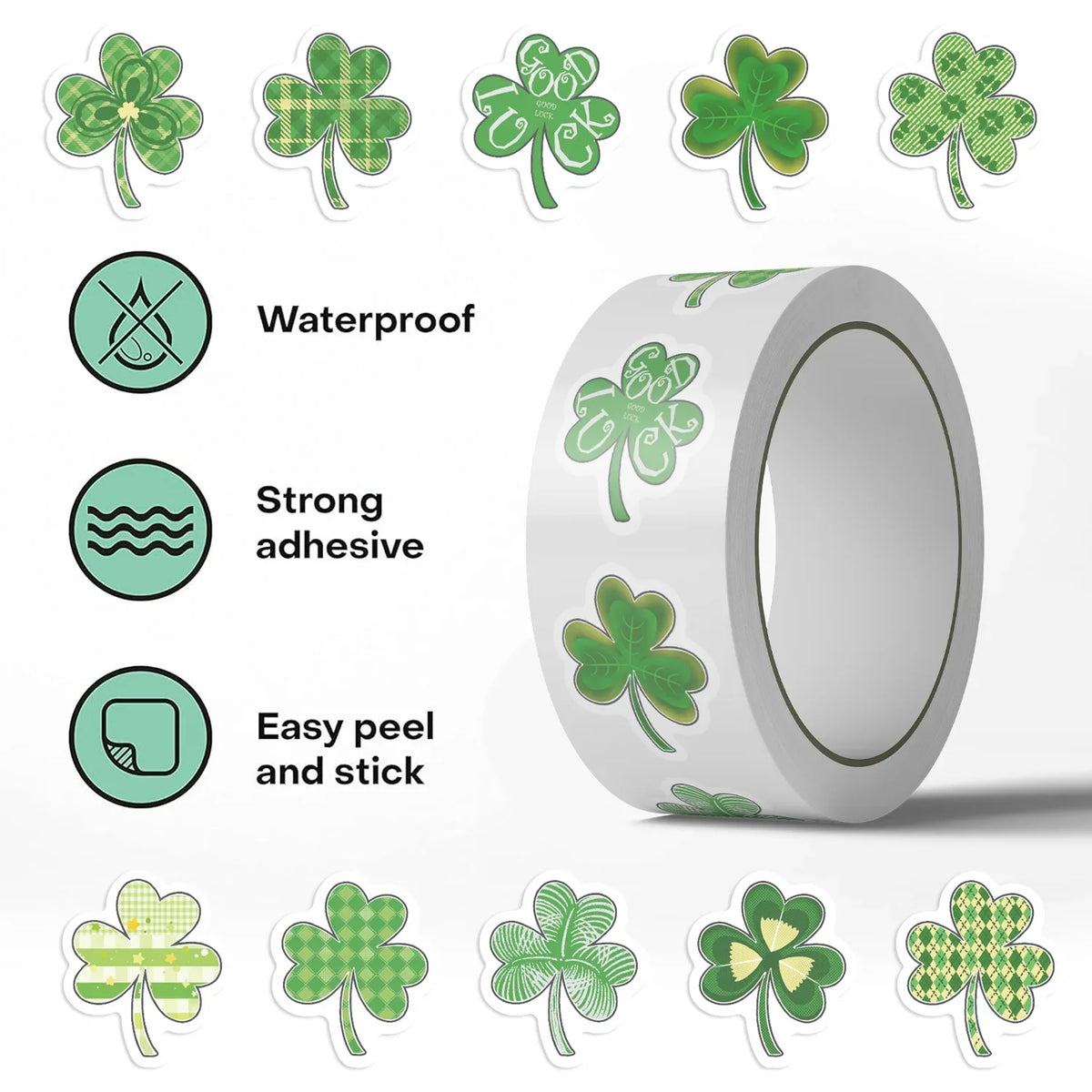 500PCS Green Roll Stickers Cartoon Clover Decorative Notebook Stationery Reward Waterproof Stickers