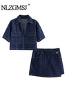 2025 Women's Fashion Flip Pocket Decoration Short Flip Collar Slim fit denim Top + Asymmetric Denim Skirt 2 Piece Set