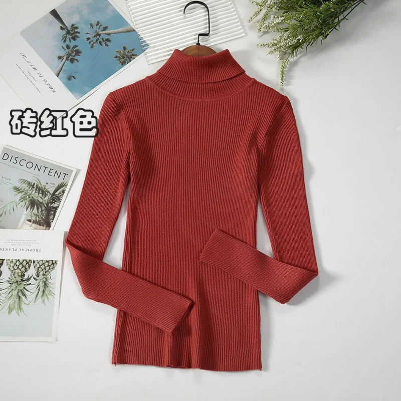 2026 Simple Women Turtleneck Sweater Winter Fashion Pullover Elastic Knit Ladies Jumper Casual Solid Black Female Basic Tops
