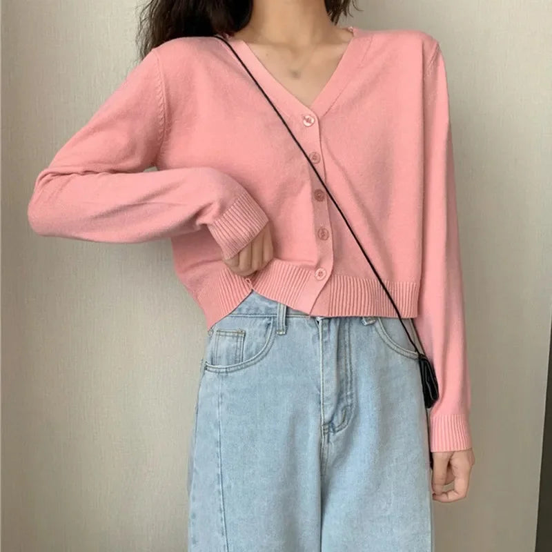 Women's Long Sleeve Cropped Cardigan V Neck Button Down Knit Lady Autumn Spring Knitted Single-breasted Cardigan Sweaters