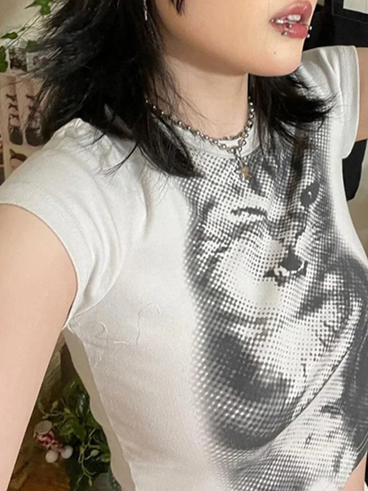 Women's Harajuku Animal Print Crop Top Basic White Short Sleeve Crewneck Slim-Fitting T-Shirt Casual Y2K Vintage Lady Tees