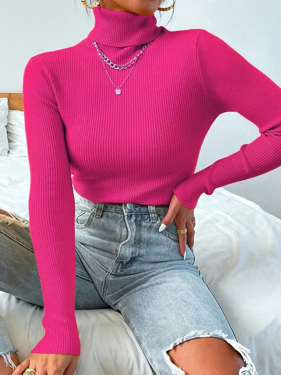 2026 Autumn Winter Women Long Sleeve Knitted Foldover Turtleneck Ribbed Pull Sweater Soft Warm Femme Jumper Pullover Clothes