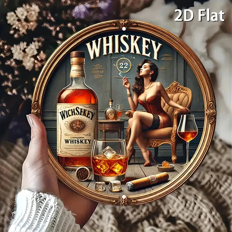1pc Vintage Whiskey-Themed Round Metal Sign - Female Whiskey Lady & James Bond-Inspired Logo Design, Scotch & Bourbon Art