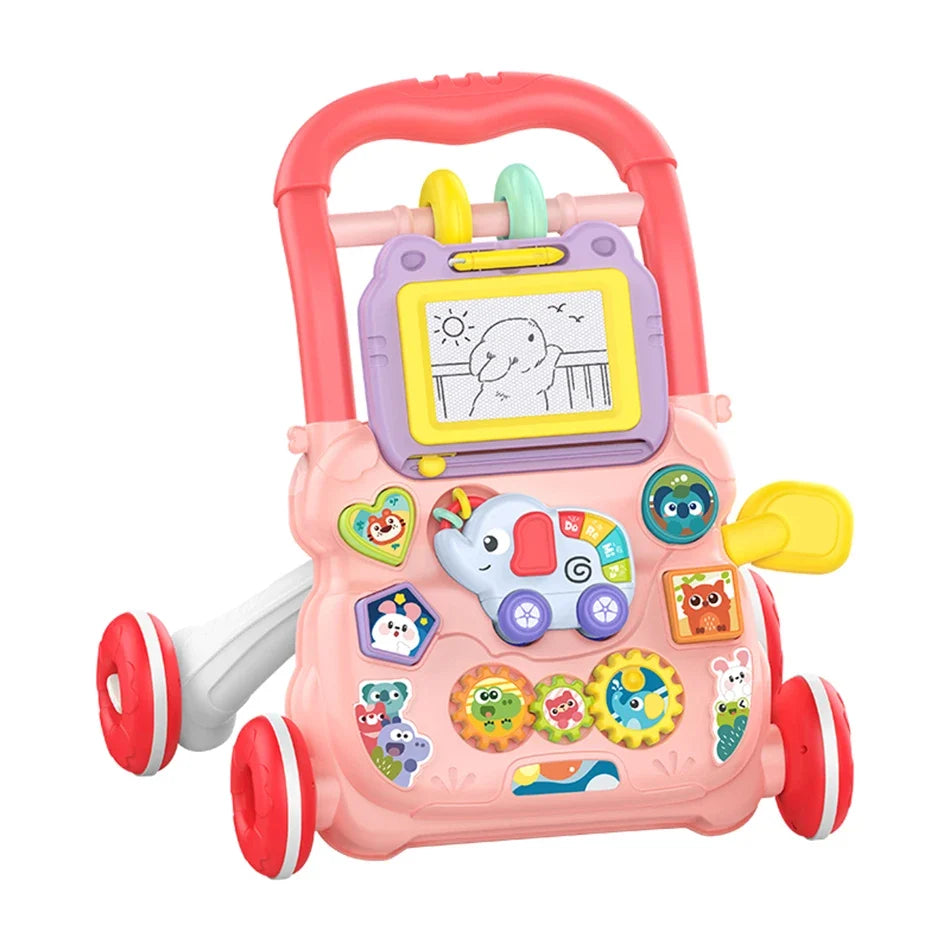 Cartoon Baby Push Walker Toy with Drawing Board Music Multifunction Activity Infant Learning Walk for 6-15 Months Toddler Walker