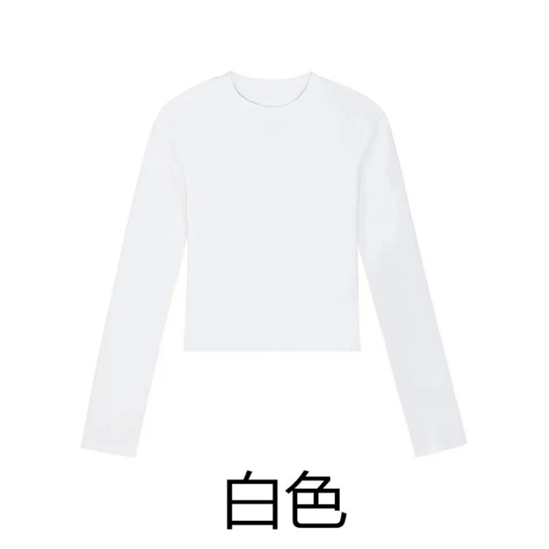 Cotton O Neck Long Sleeve Shirt Women Sexy Cropped Tops 2026 Autumn Black Casual Skinny Slim Basic Woman T Shirts White Clothing