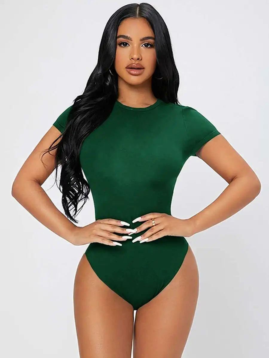 Petite Solid Slim Fit Short Sleeve Bodycon Bodysuit for Women