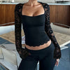 SUCHCUTE Lace-trimmed Patchwork Long-sleeve Tees Women Square Neck See-through Back Top Y2k Aesthetic 90s Sexy T-shirts Vintage