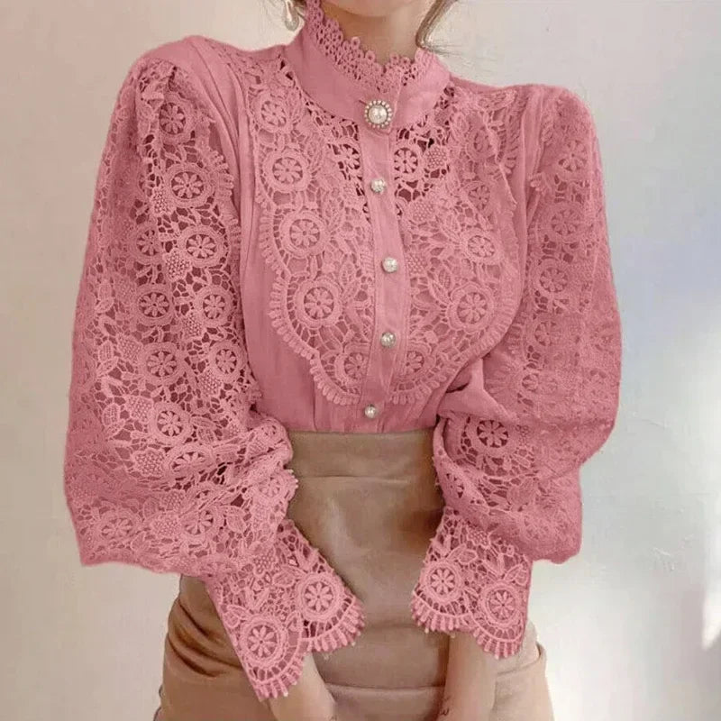 New Women's Long Sleeve High Neck  Chic Blouse, Lace Paneled Hollow Sleeve Elegant Top, Vintage Fashion Office Lady Outfits