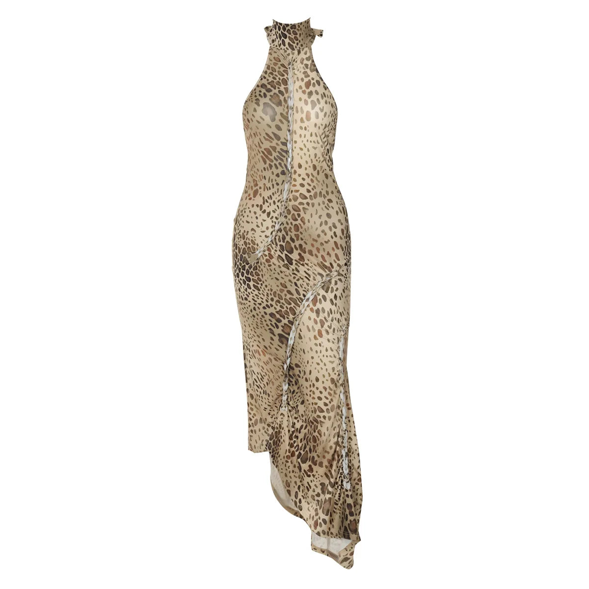 Cryptographic Fashion Halter Leopard Sexy Backless Maxi Dress Women Club Outfits Bandage Embellished Long Dresses Robe Clothes