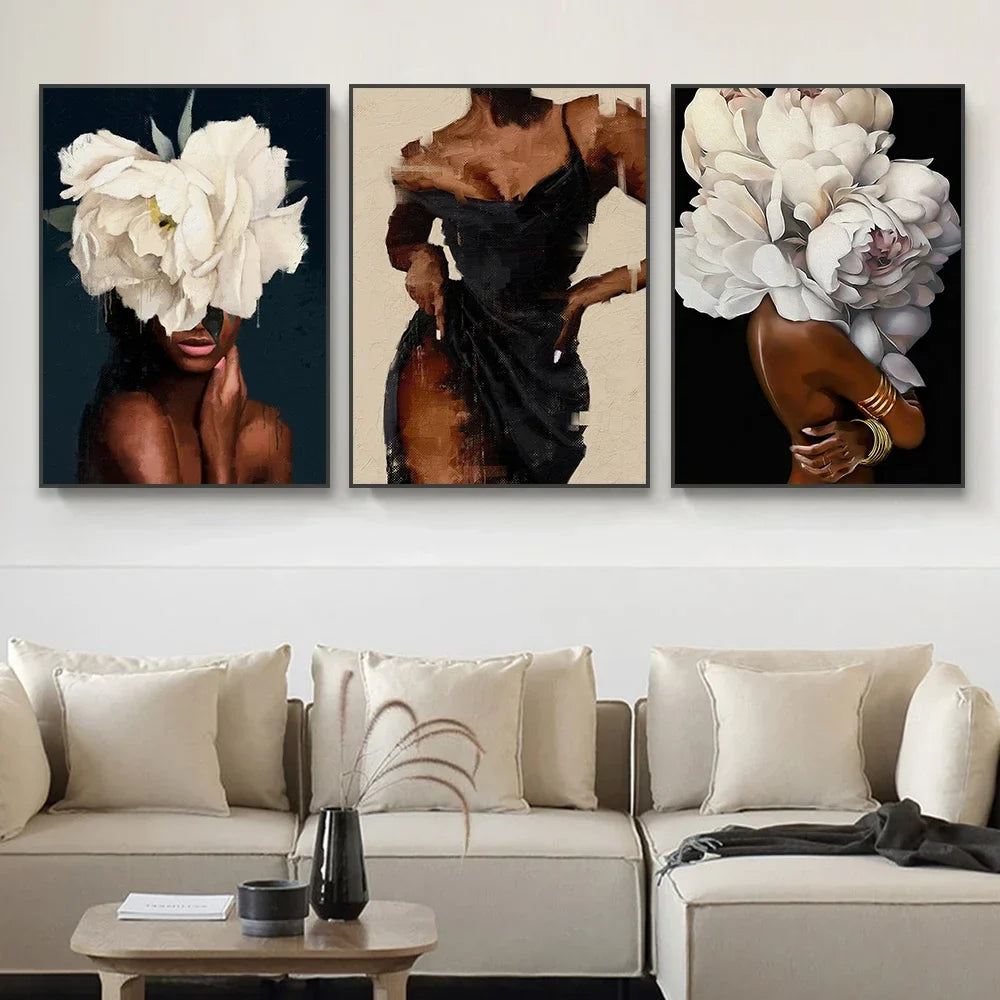Classic Abstract Wall Art Black Woman Girl with Flowers Canvas Print Poster Printing Poster Home Living Room Bedroom Decoration