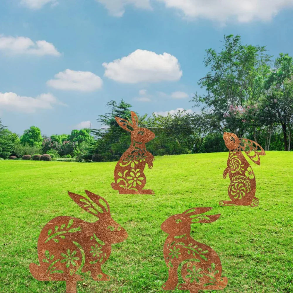 Lovely Rustic Metal Rabbit Garden Post Patinated Rusty Finish Great for Outdoor Adornment Backyard Patio Farm Area