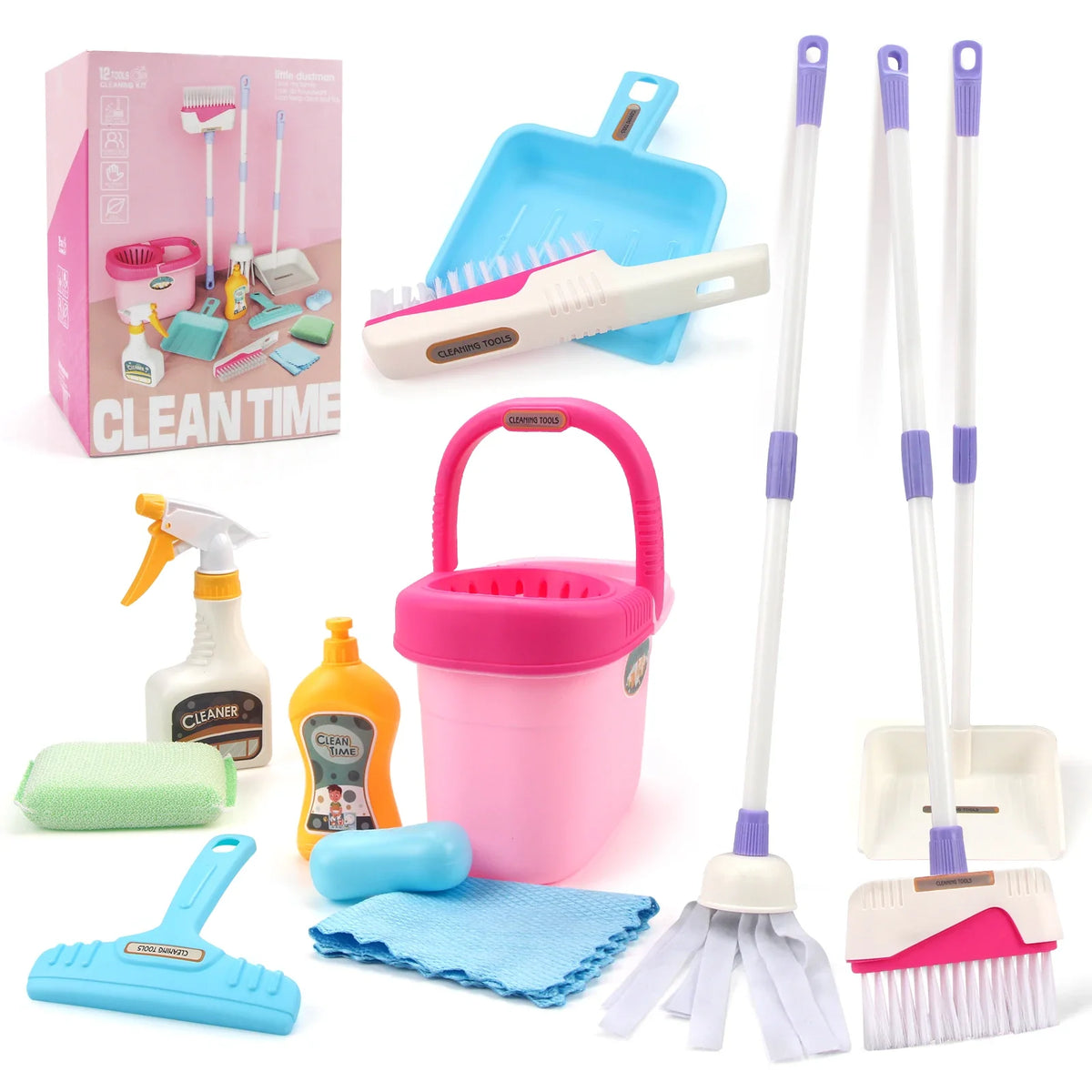 12pcs/set Kids Cleaning Set Housework Supplies Kit Play House Toys with Dustpan Broom Bucket Mop Cleaning Set for Girls & Boys