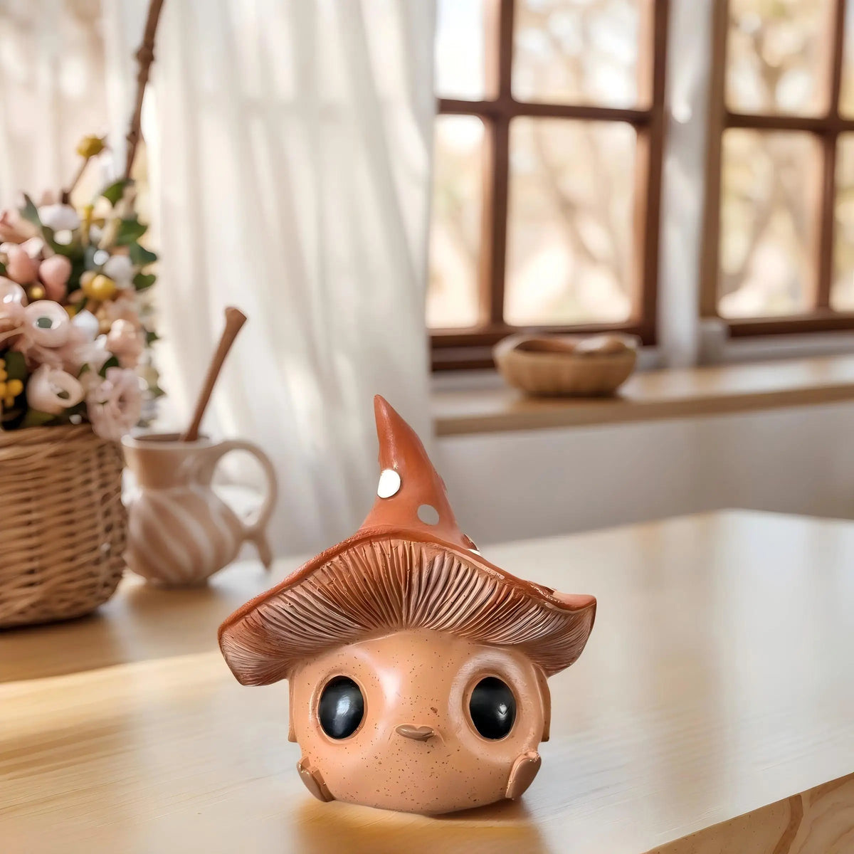 Charming and Adorable Mushroom Elf Statue, with Wide Open Eyes and a Pouty Mouth, Suitable for Home and Office Decoration, a Great Choice for Holiday Gifts, Featuring a Unique Design and Natural Style.