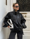 HH Women Autumn Elegant Street Style Coats Woman Asymmetric Button Pocket Long Sleeves Black Loose Zipper Slim Jackets