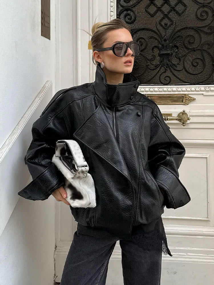 HH Women Autumn Elegant Street Style Coats Woman Asymmetric Button Pocket Long Sleeves Black Loose Zipper Slim Jackets
