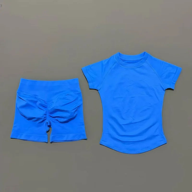 2 Pcs HISTELLO Sports Gym Sets Short Sleeve Seamless Yoga Clothing Fitness Set Women Workout Running Sports Short Leggings Suit