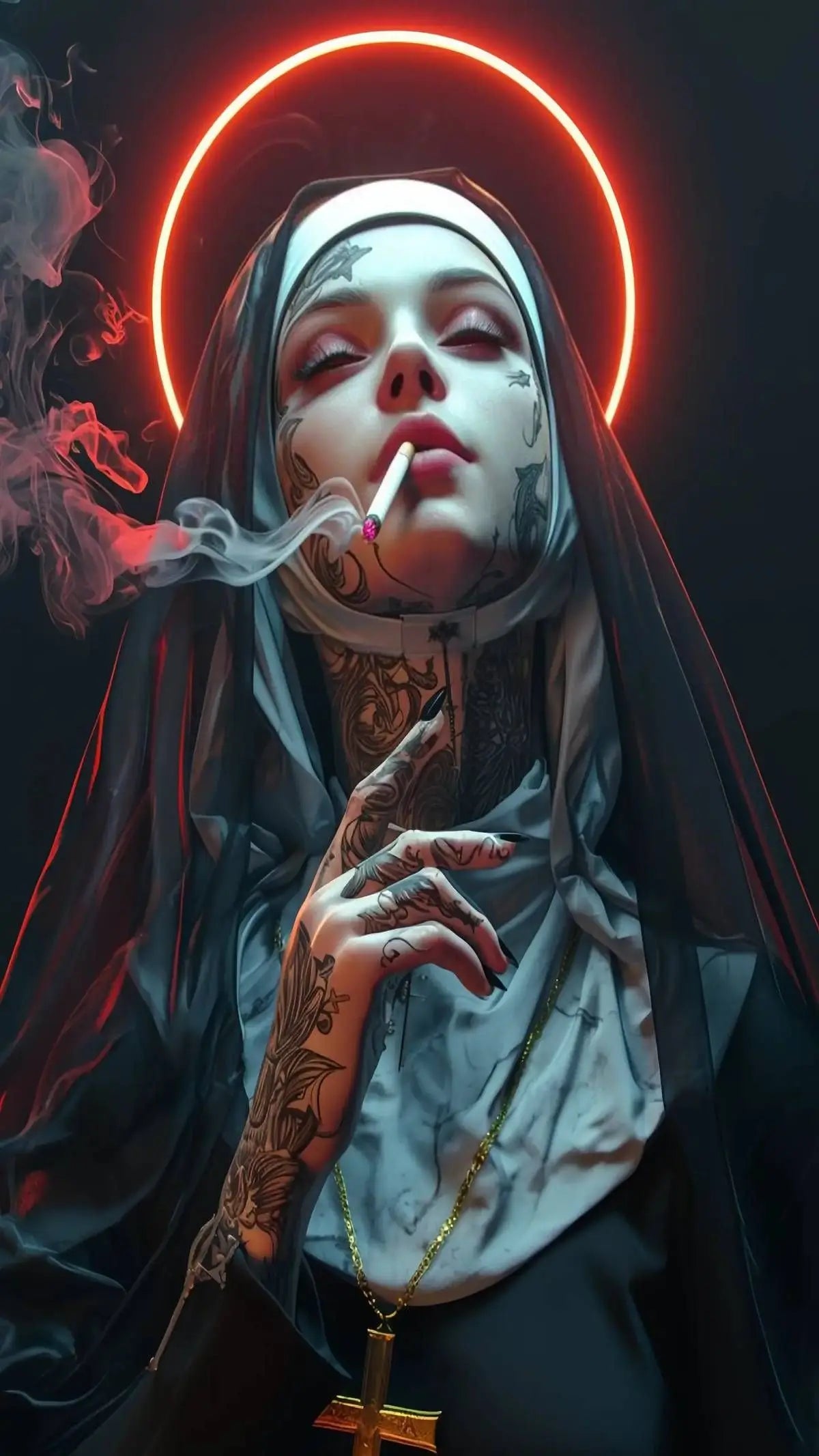 Sexy Tattoo Machine Gun Nun Poster Print Christian Smoking Nun Canvas Painting Living Room Background Wall Home Decoration