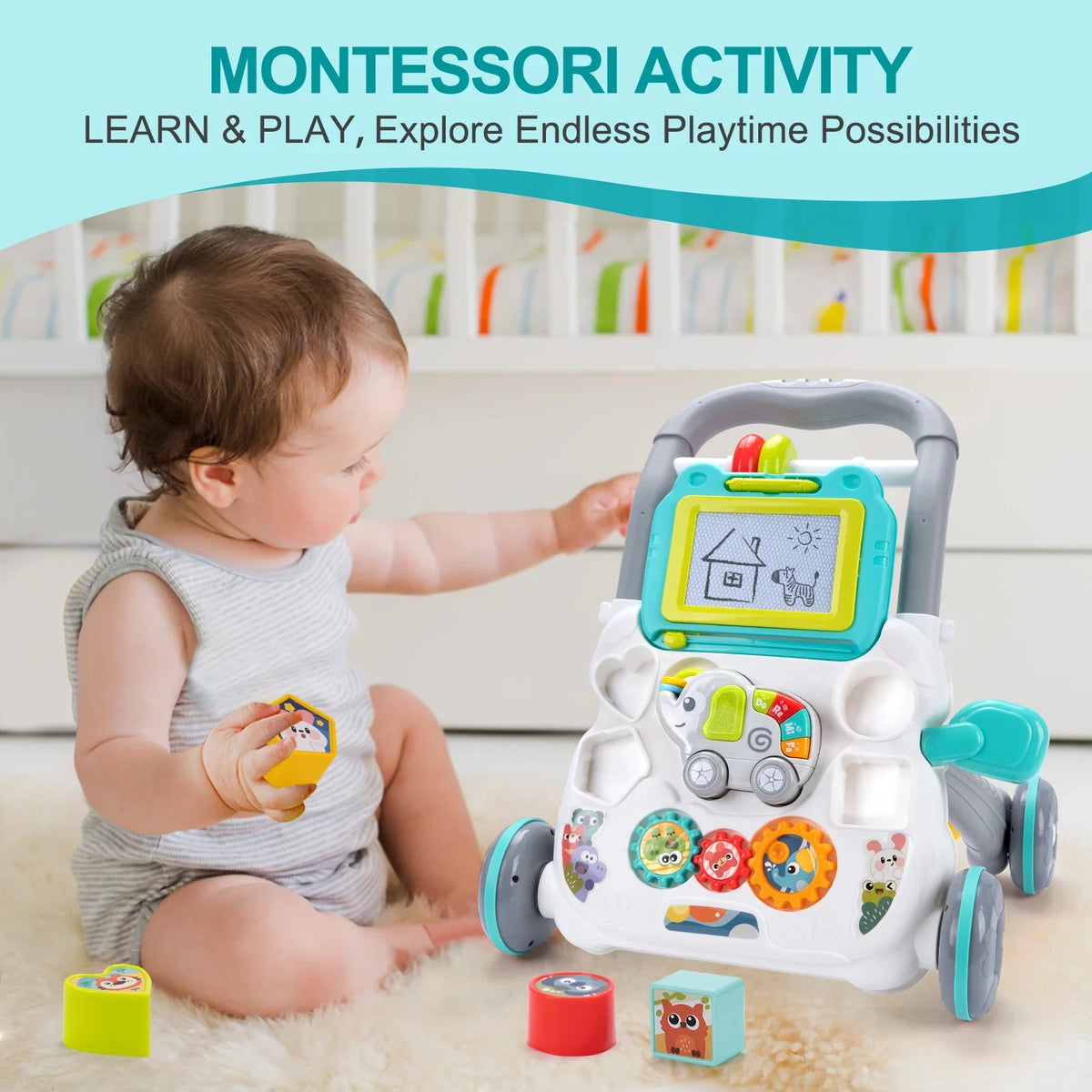 Cartoon Baby Push Walker Toy with Drawing Board Music Multifunction Activity Infant Learning Walk for 6-15 Months Toddler Walker