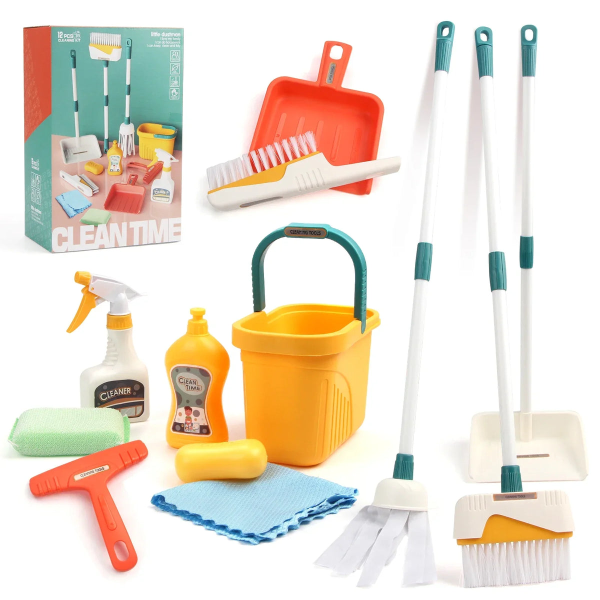 12pcs/set Kids Cleaning Set Housework Supplies Kit Play House Toys with Dustpan Broom Bucket Mop Cleaning Set for Girls & Boys