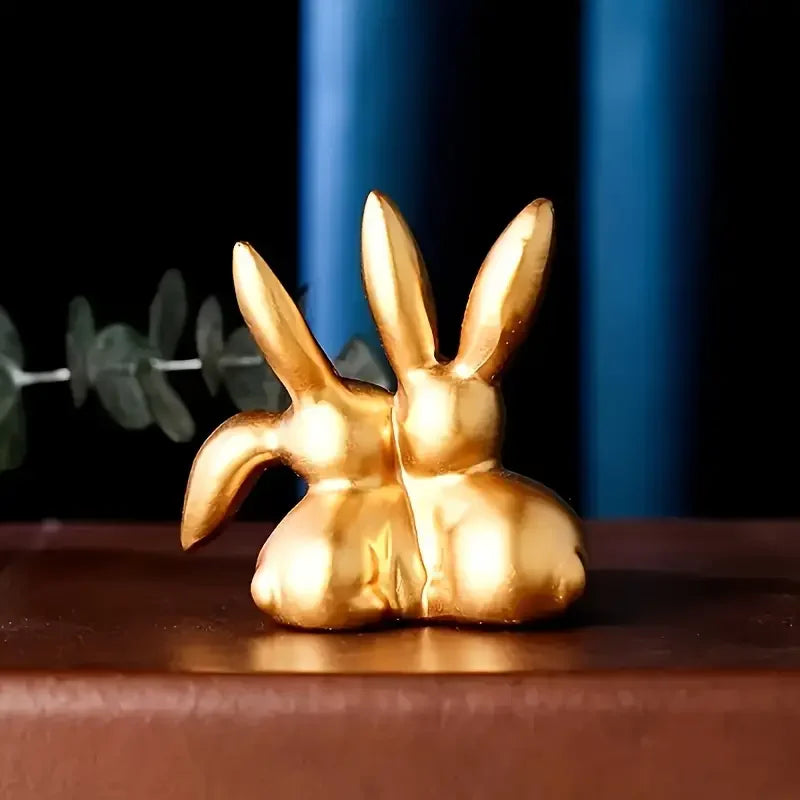 1pc  Collectible figurine  ,Golden cute double rabbit ornament, creative decorative item for home desktop.