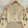 2026 New Spring Autumn Colourful Applique Flower Cardigan for Women Cute Long  V-neck Knit Crop Sweater Girl Soft Knitwear