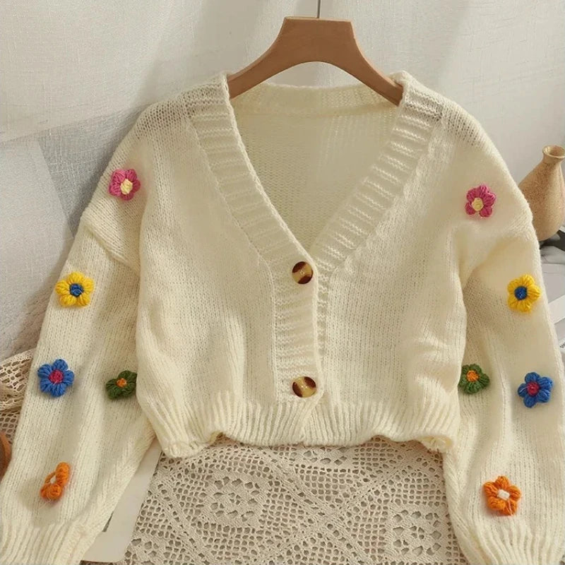 2026 New Spring Autumn Colourful Applique Flower Cardigan for Women Cute Long  V-neck Knit Crop Sweater Girl Soft Knitwear
