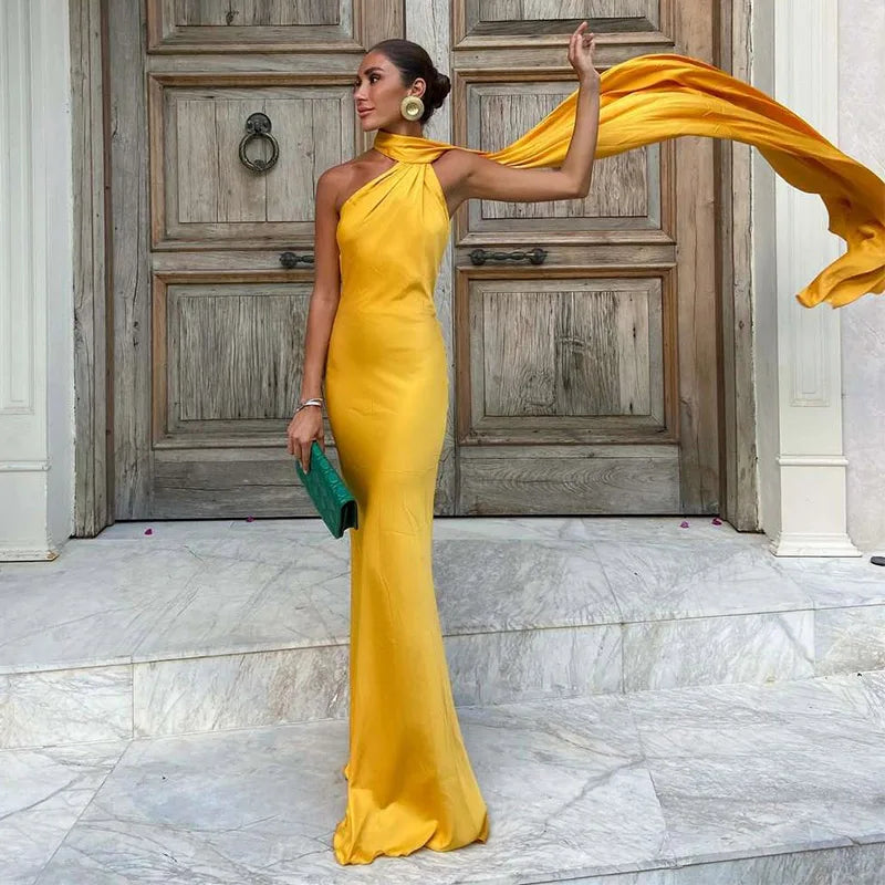 Elegant Women's Ribbon Long Satin Party Dress Halter Backless Sleeveless Female Dresses 2026 Summer Lady Solid Evening Gowns