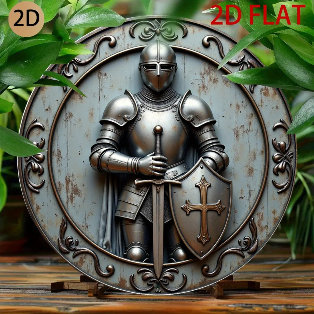 Medieval Knight Metal Wall Art, 3D Shield Spear Round Aluminum Decor for Home Bar Garden
