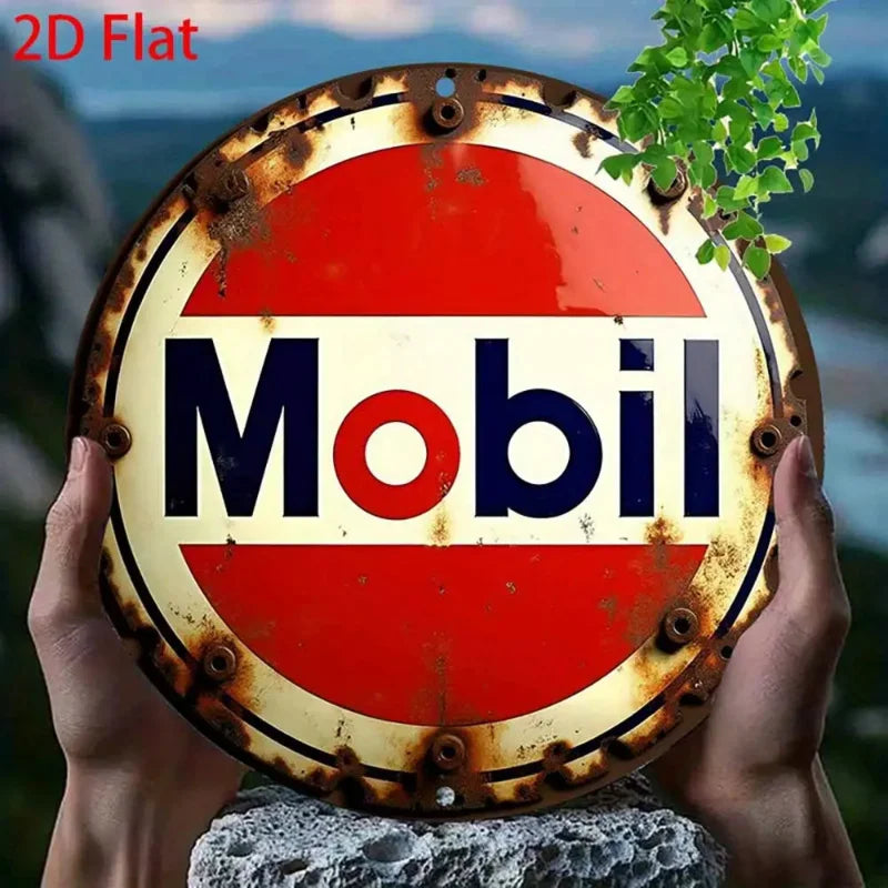 2D Flat 1pc Round - Retro Aluminum Tin Sign - Vintage "Mobil" Gasoline Plaque, 8x8 Inch, Rustic Wall Art for Home