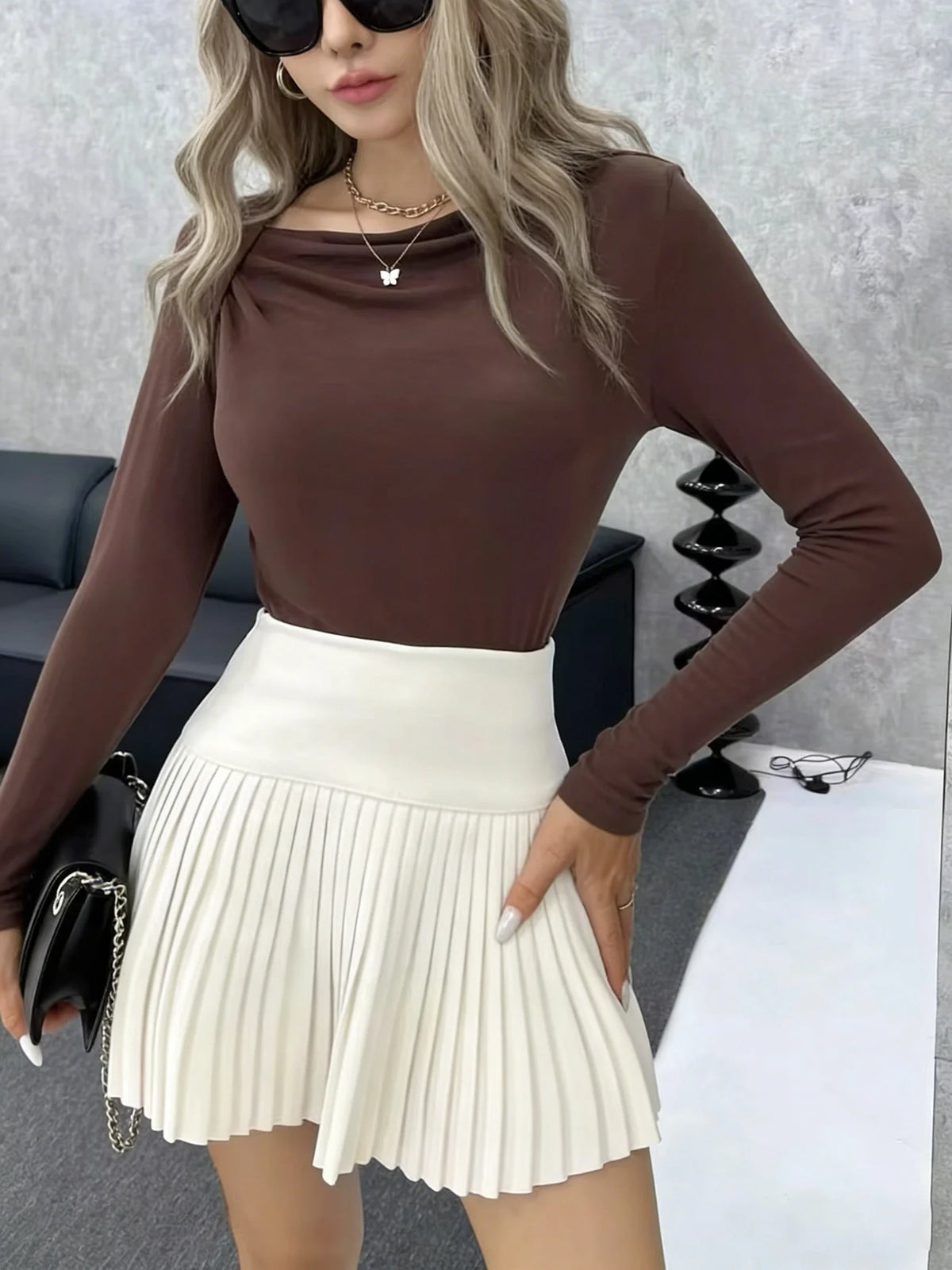 Long Sleeve Top T-Shirts Women Basic Crop Top Autumn Pollover Solid Skew Neck T Shirt Streetwear Basic Black Y2K Tees