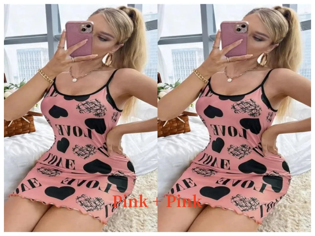 Summer New Women's Nightgown Beauty Back Thin Section Of Home Wear Sexy Halter Short Skirt Love Cartoon Cute Printing Pajamas