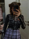 Gothic Punk Shirt 2000s Women Skeleton Pattern Round Neck Long Sleeve Crop Top Black Dark Academia Clothes y2k Tees Streetwear