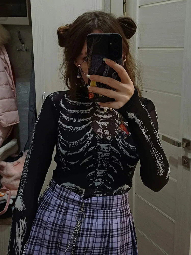 Gothic Punk Shirt 2000s Women Skeleton Pattern Round Neck Long Sleeve Crop Top Black Dark Academia Clothes y2k Tees Streetwear