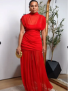 Chic Red Pleated Evening Party Long Dresses Elegant Fly Sleeve Mesh Patchwork Maxi Dress Women Summer Vacation Beach Vestidos