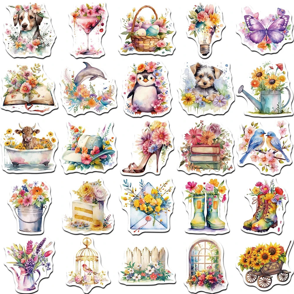 10/30/50pcs Retro Flowers World Cartoon Cute Stickers Aesthetic Graffiti Decals Laptop Notebook Phone Decoration Sticker Kid Toy