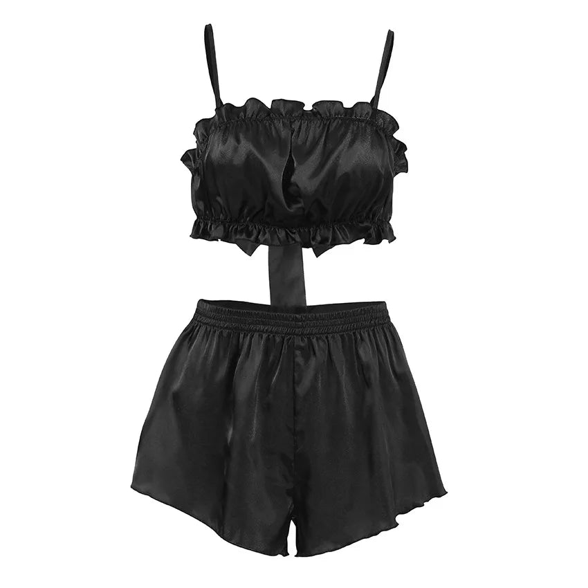 Silky Elegant Women 2 Piece Set Casual Sleeveless Ruffles Camisole+Shorts Matching Streetwear Casual Outfits
