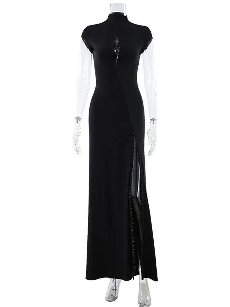 CNYISHE Short Sleeve O Neck Women Dresses Split Metal Buckle Solid Sheath Sexy Club Fashion Evening Party Outfits Female Bodycon