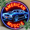 1pc Vintage-Inspired American Muscle Car Neon Sign Round Aluminum Wall Art With Sleek Edges, Bright Red & Blue, Perfect For Cafe