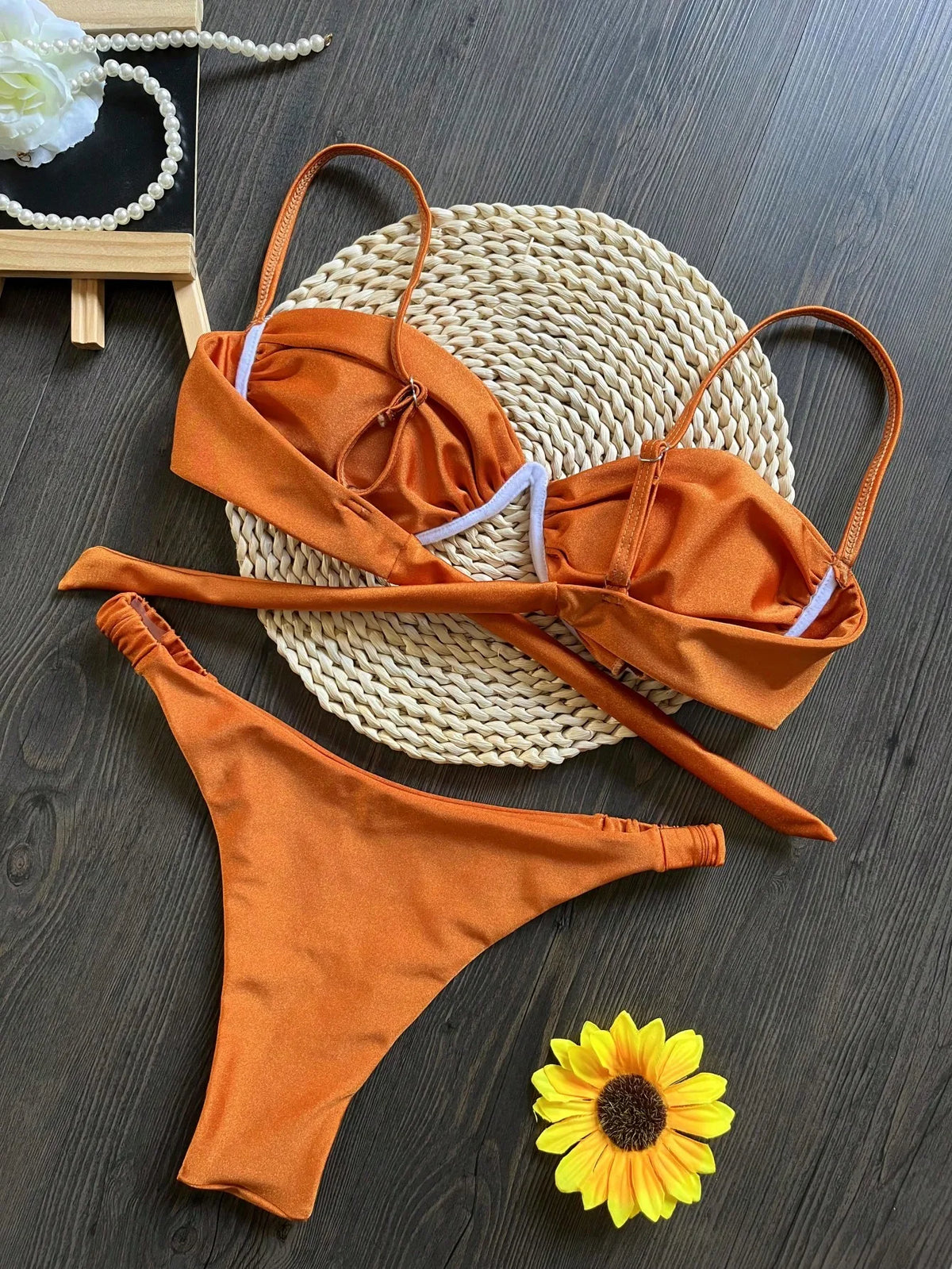 Sexy 3D Flower Bikini Set 2026 Women Black White V Wire Underwired Micro Mini Swimsuit Beach Bathing Suit Pleate Thong Swimwear