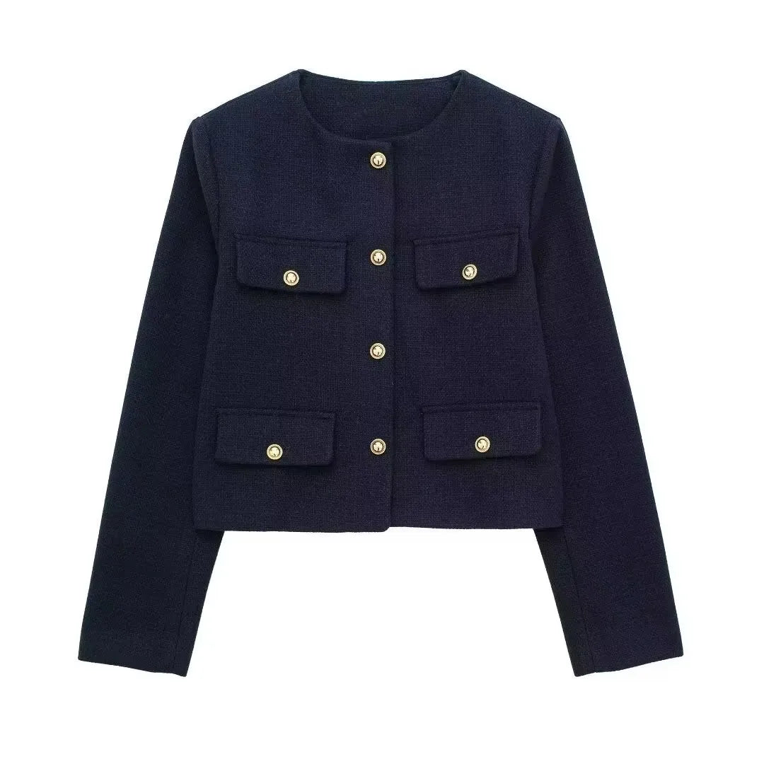 HH Women Vintage Solid Coat Button Long Sleeve O Neck Jacket With Pocket 2024 Spring Elegant Female Casual Outerwear Jakcet