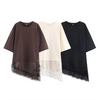 2025 Winter New Product Women's Slim Straight Round Neck Short Sleeve Asymmetric Hemp Splicing Lace T-shirt
