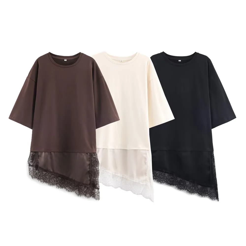 2025 Winter New Product Women's Slim Straight Round Neck Short Sleeve Asymmetric Hemp Splicing Lace T-shirt