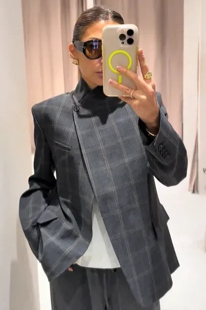Women Irregular Plaid Blazer Jacket Stand Collar Full Sleeve Split Loose Short Jackets 2026 Fashion Lady Daily Commute Outwears